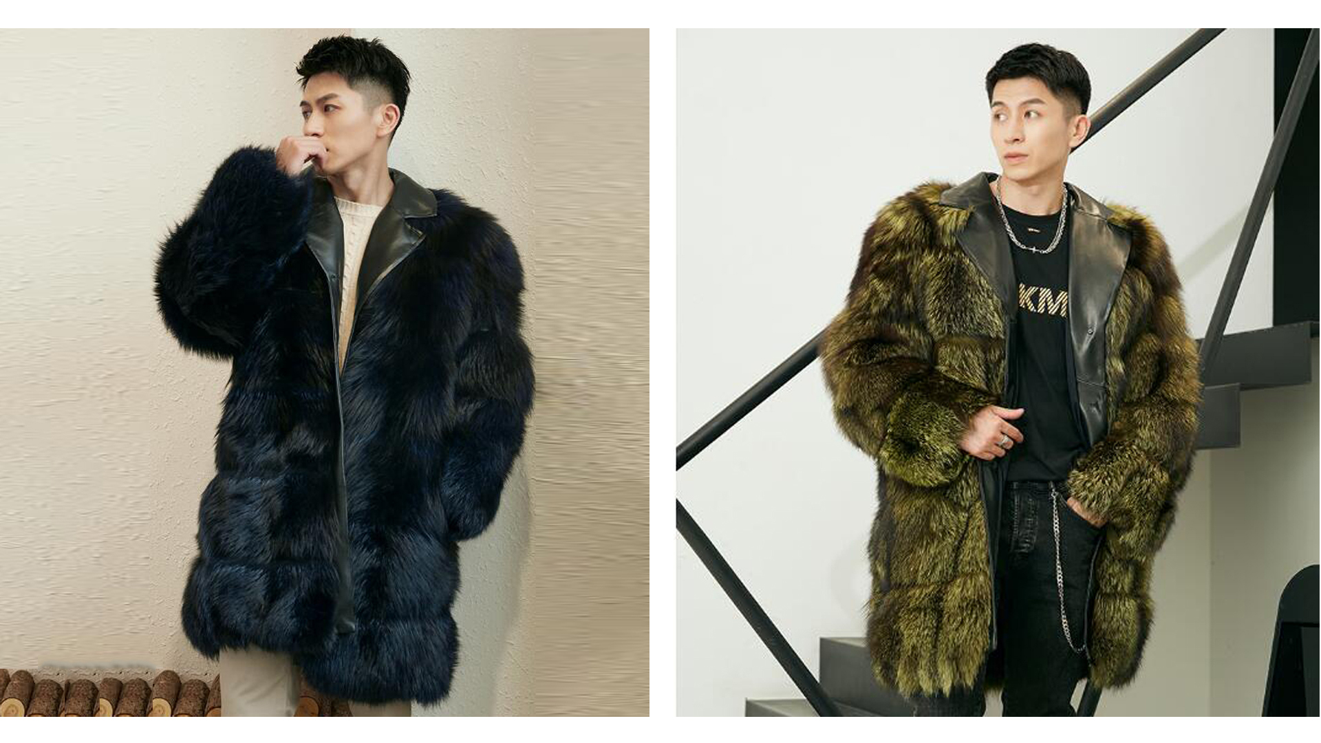 Denny&Dora Men's Fox Fur Coat Long Style Fox Fur Jacket Notched